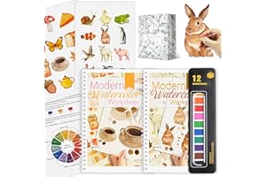 CKMOREL 2Pcs Watercolor Workbook Beginner-Friendly Watercolor Workbooks Water Coloring Book with 12 Colors Paint Color, Beginner Watercolor Painting Kit with Step by Step for Adults Watercolor Paper