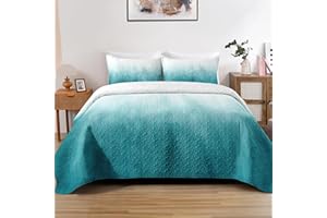 Zzzboro Quilt Set Twin Size Children Kids Adults, Turquoise Ocean Waves Teal Abstract, Bedding Decor Aqua Elegant White Pastel Cloud Microfiber Bedspread Bedroom Coverlet Bed Comforter 1 Pillowcase