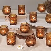 12 Pcs Clear Amber Gold Glass Votive Candle Holders, Vintage Candle Holder Bulk, Tealight Candle Holders for Table Centerpieces, Home, Bridal Shower, Birthday, Party Table Decor