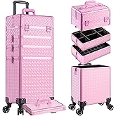 AROUS 5 in 1 Rolling Makeup Train Case Cosmetology Case on Wheels Large Cosmetic Organizer Travel Cart for Hairstylist Artist Nail Beauty Salon Barber,All Pink