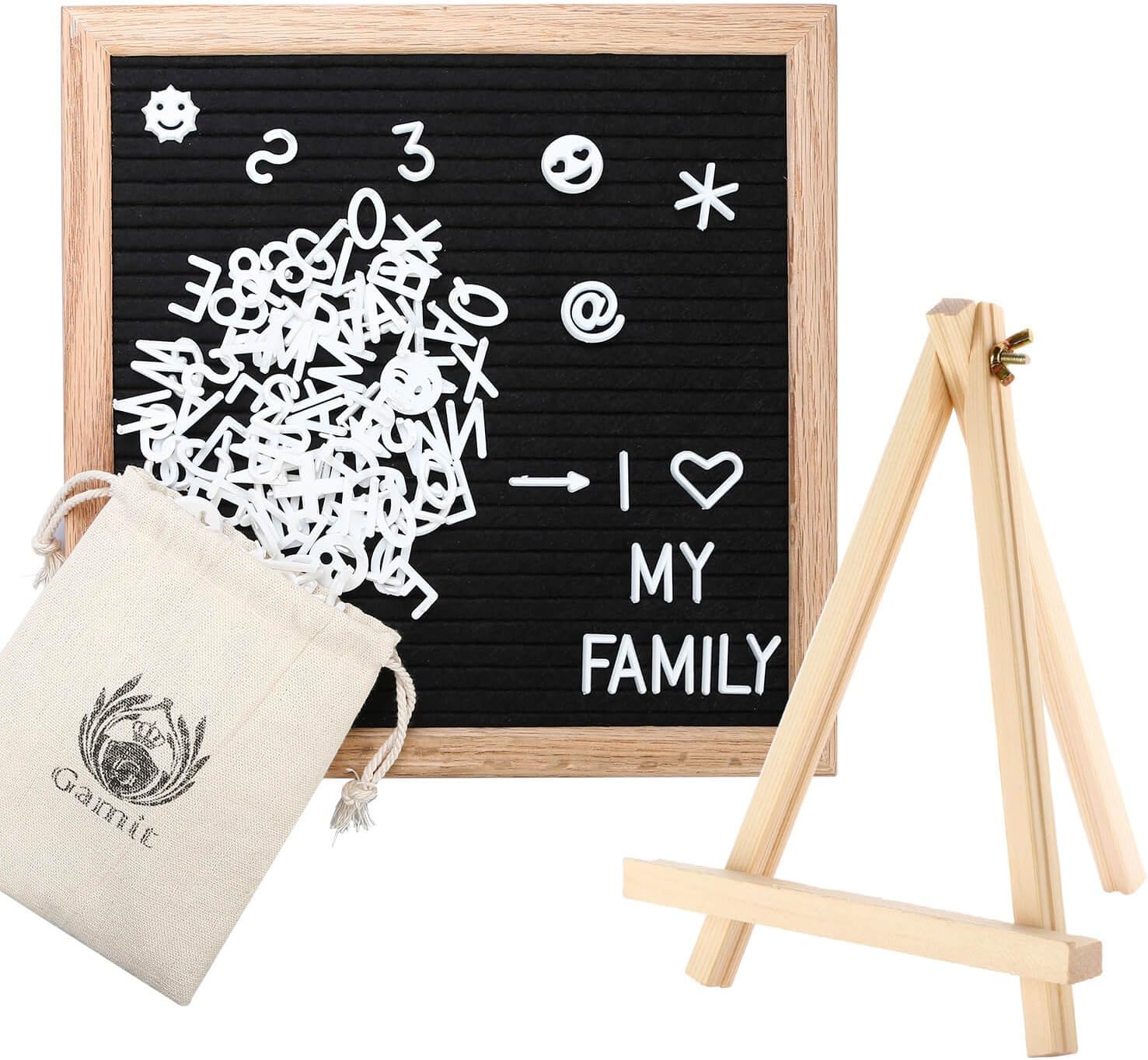 Felt Letter Board Oak Wooden Frame 10 x 10 inches,Letter Organzier with Stand,340 White Letter and Symbols, Black,Grey,Pink,Blue,Purple Changeable Felt Letter Board.
