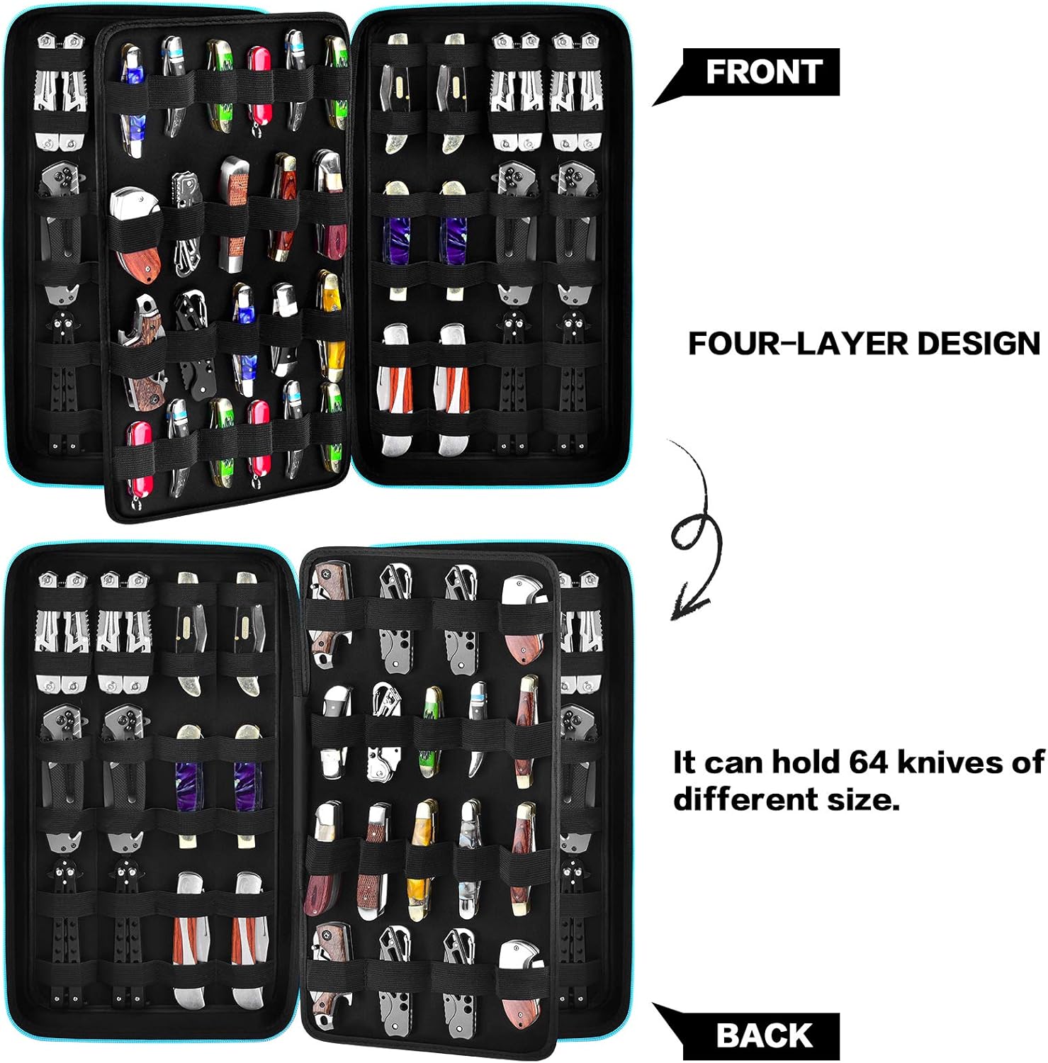 Knife Display Case for 64+ Pocket Knives. Folding Knife Holder, Butterfly Knives Storage Organizer, Knives Roll Collection Pouch Carrier Bag for Survival Tactical Outdoor EDC Mini Knife (Box Only): Kitchen & Dining