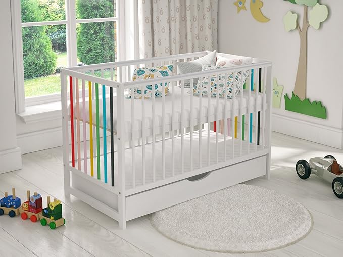 White Colourful Wooden Baby Cot Bed with Drawer 120x60cm & Free Deluxe