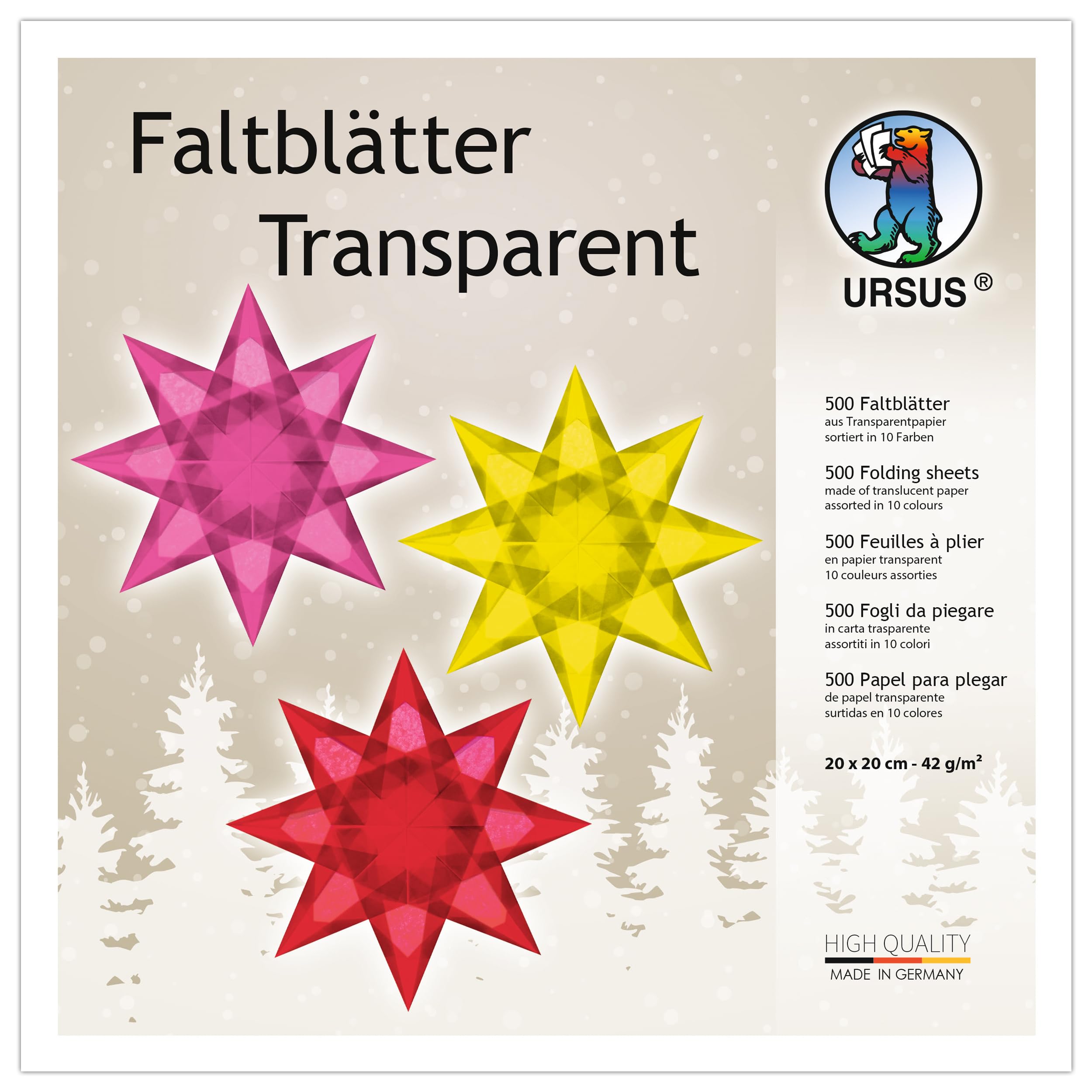 Ursus 2645199 folding sheets made of transparent paper, approx. 20 x 20 cm, 42 g/m², 500 sheets, assorted in 10 colours, coloured through, ideal base for creative crafts
