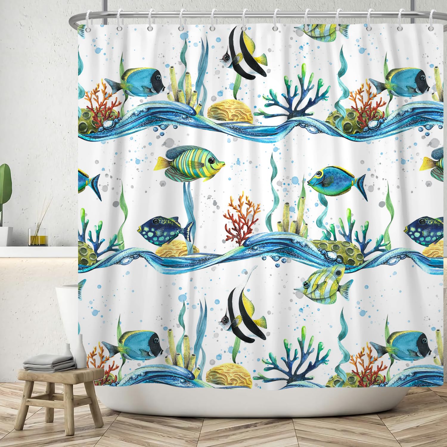 ASDCXZ Fish Shower Curtain 180x180 cm, Underwater World Cute Blue Yellow Black Fish Coral Wave Bath Washable Shower Curtains Polyester Textile Waterproof Bath Curtain for Bathtub with 12 Hooks — image 1