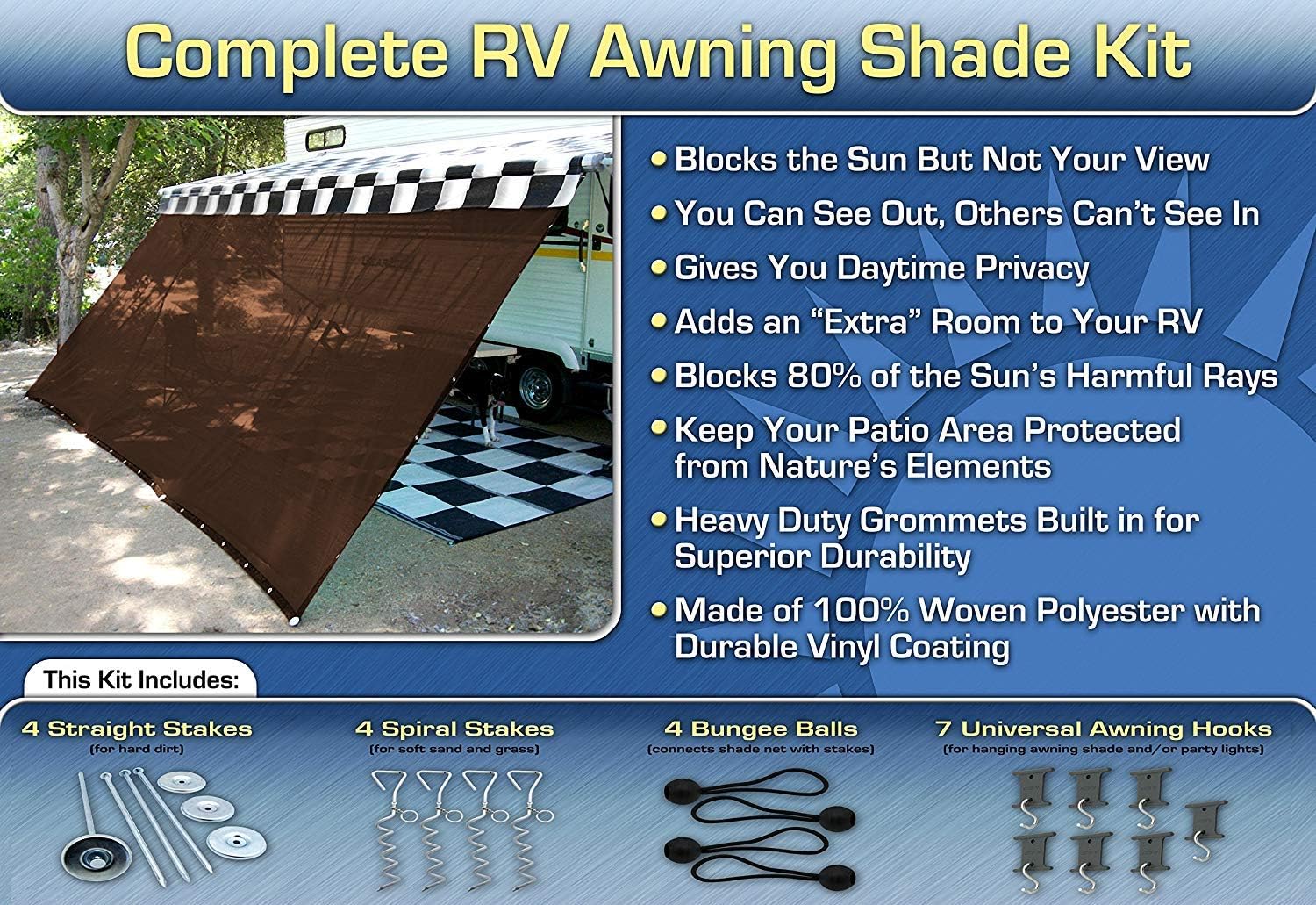 RV Awning Shade Motorhome Awning Screen Kit 8x12 (Brown)