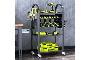 KAFAHOM Power Tool Organizer - 4 Tier Rolling Tool Cart with 8-12 Drill Holder,Tool Storage Cart on Wheels - Heavy Duty Metal Utility Tool Shelf for Garage, Workshop, Warehouse & Repair Shop