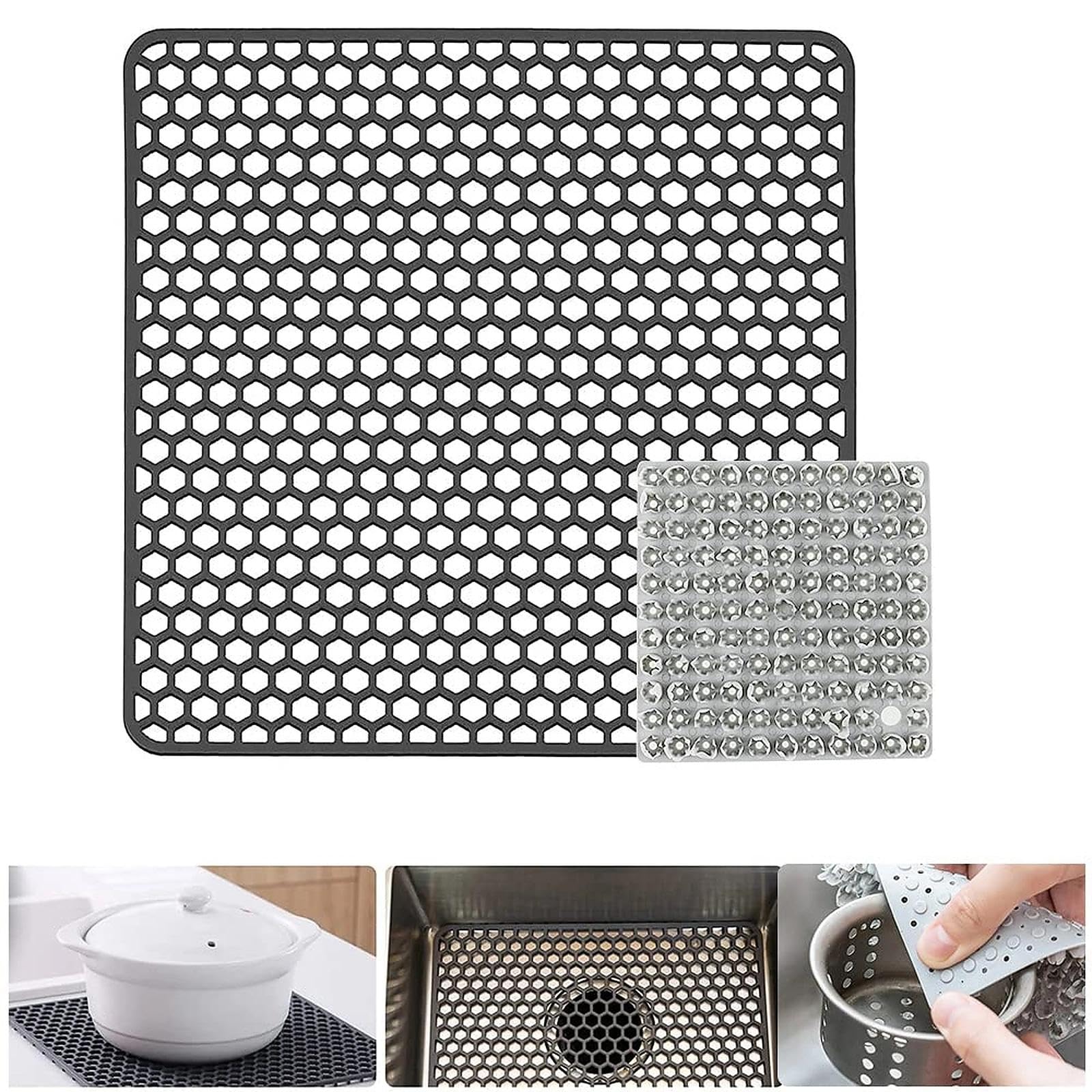 DXLing Silicone Sink Protector Mat 34.5cm x 34.5cm Large Protector Mat for Stainless Steel Sink Kitchen Drain Mat Silicone Dish Drying Mat Counter Protector with Fruit and Vegetables Cleaning Brush