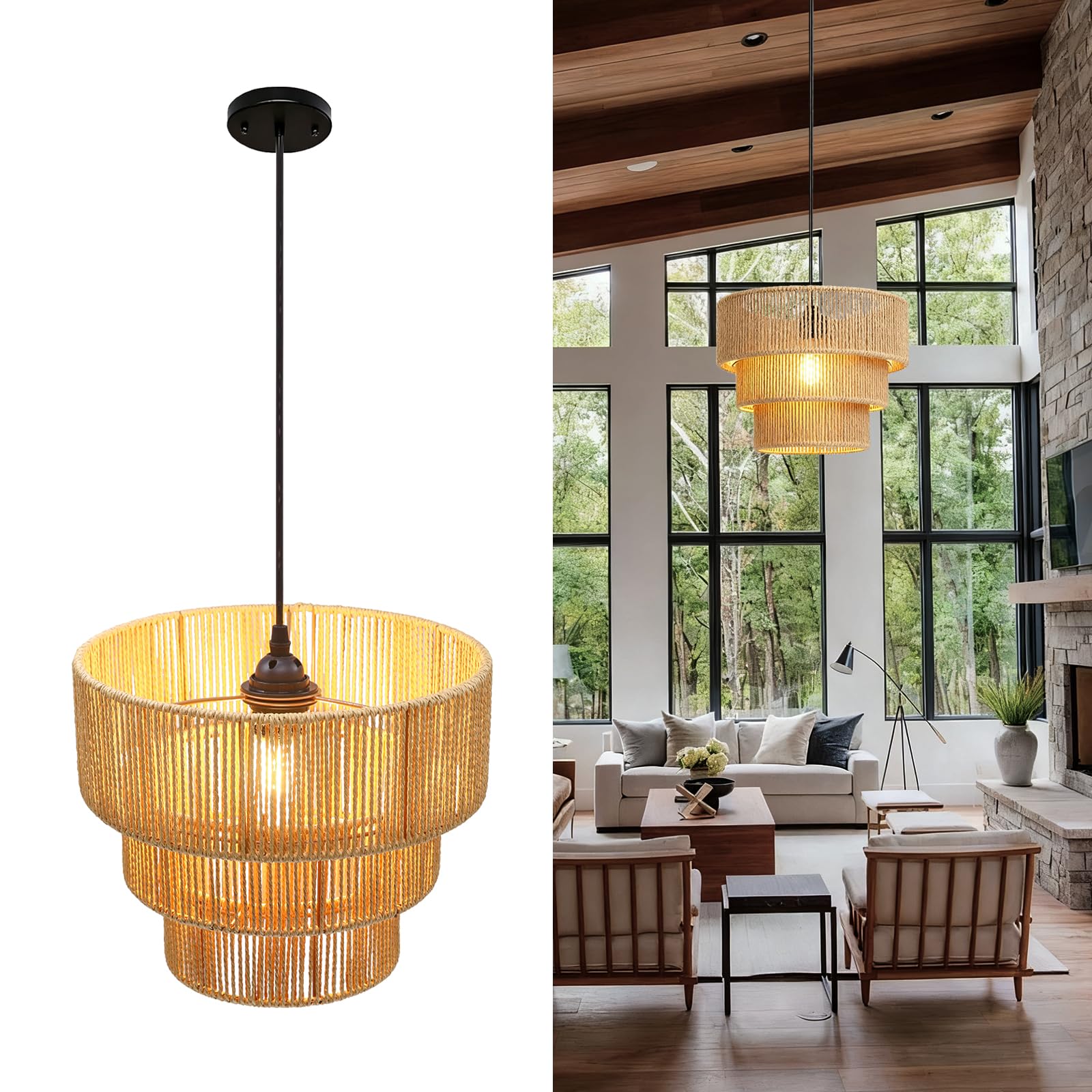 Photo 1 of 12''Natural rattan chandelier -Small Farmhouse Boho Style with E27 Bulb, 120V pendant light, fandelier, hanging lamp, wicker pendant lamps for Dining Room/Kitchen/Bedroom/Living Room/Island