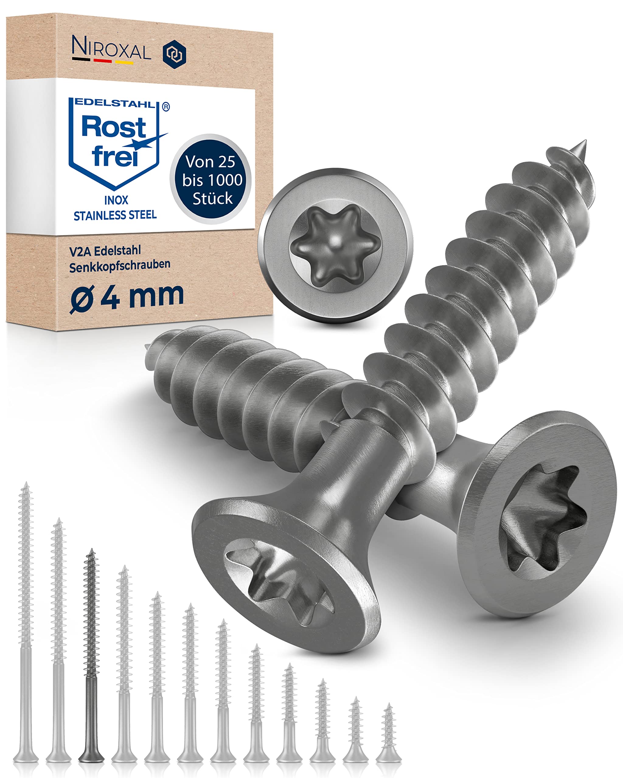 Stainless steel TORX countersunk head screw made of V2A 4-mm thick 60-mm screw length 25 pieces 36-mm partial thread Wood screw 4x60