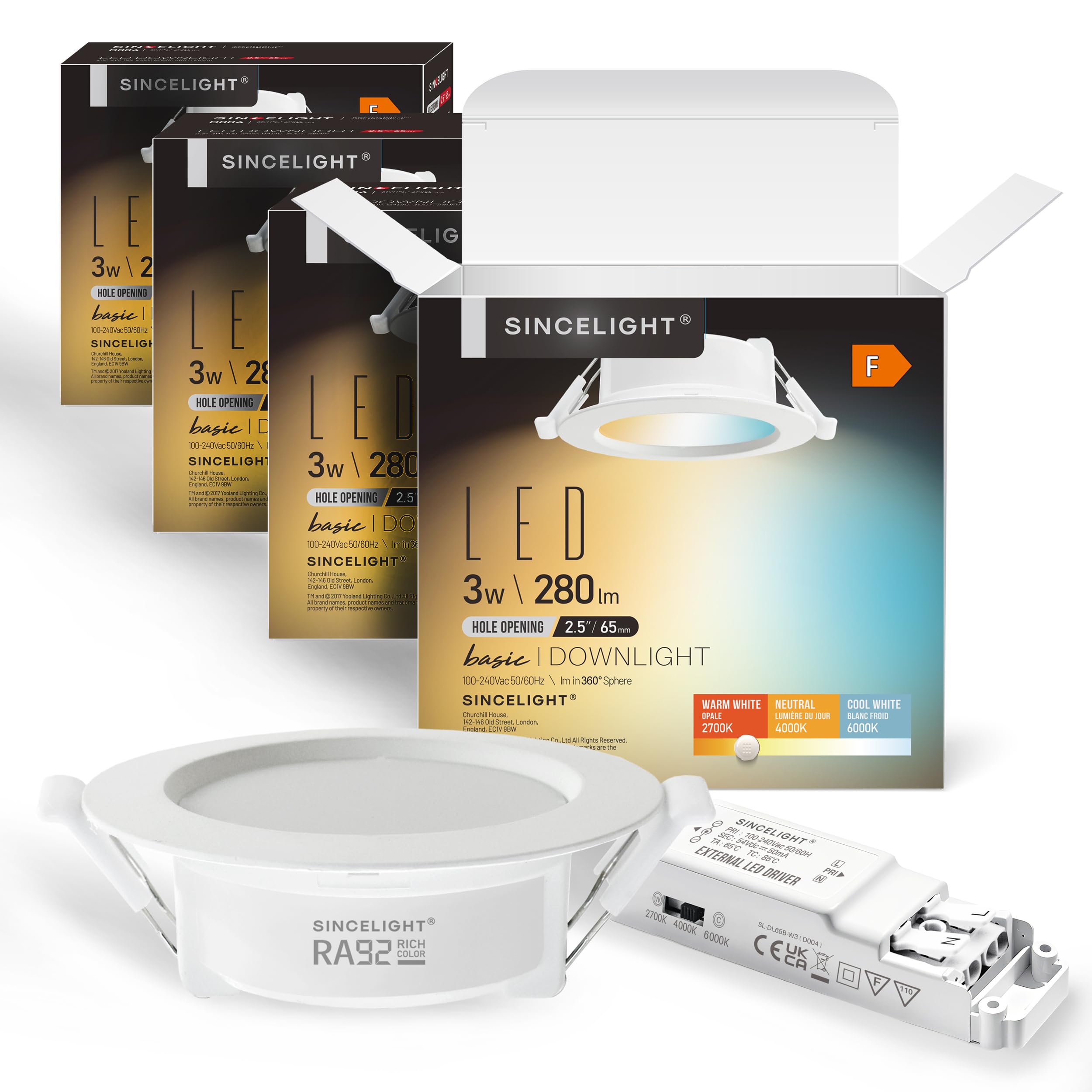 SINCELIGHT LED Downlight, 3W Ultra Slim Recessed Ceiling Light for 65mm/2.5inch Holes, Low Profile for Ceiling/Cabinet/Showcase, Real Color RA≈92, Warm to Cool Turnable 2700K/4000K/6000K, Pack of 4