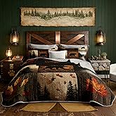 UEVBF Hunting Themed Quilt King Size,Lightweight Cabin Plaid Bedding Set with 2 Pillowcases,Forest Tree Brown Bear Paw Printed Bed Sets for Adults Room Decor.