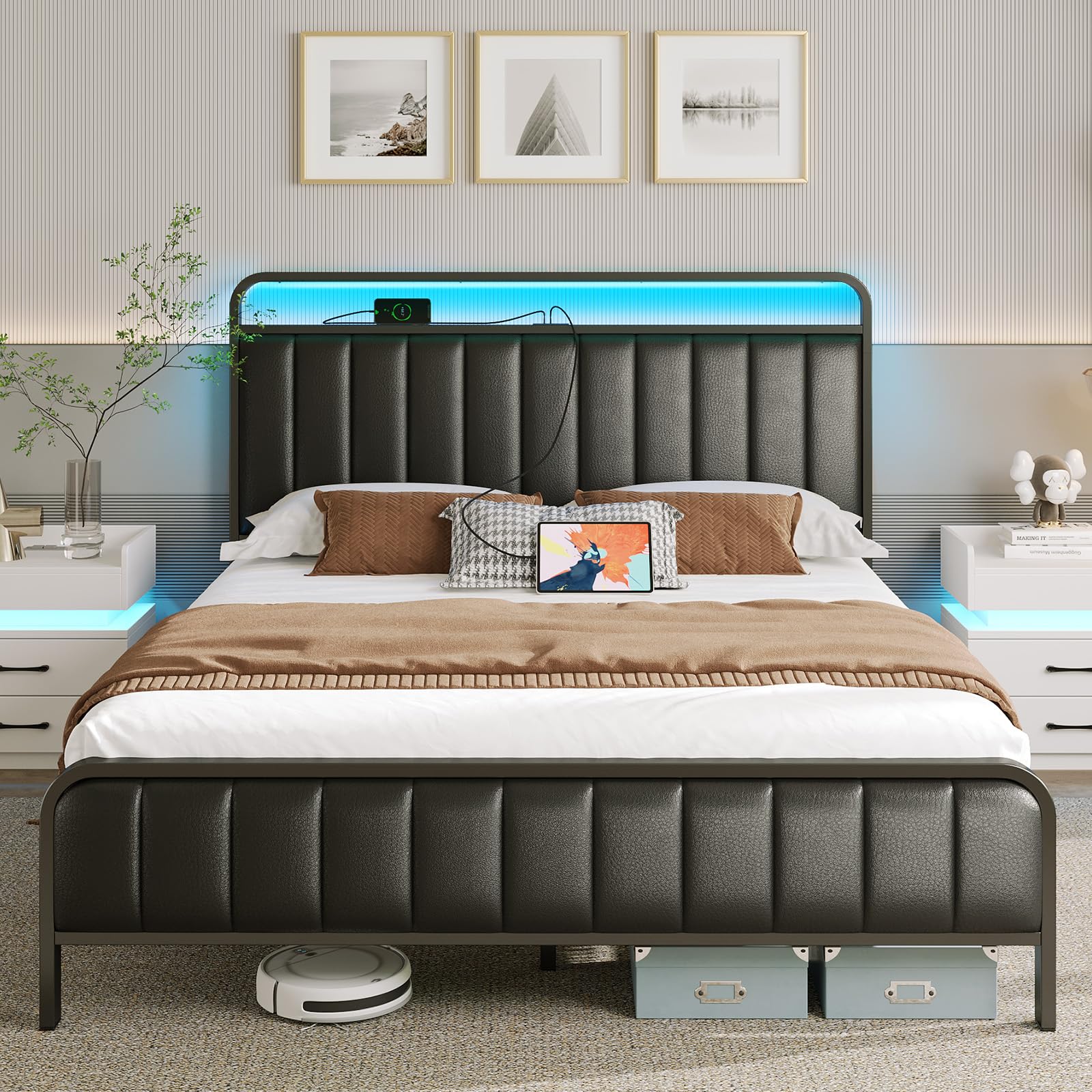 Rolanstar Full Size Bed Frame with LED Light and Charging Station, Upholstered Headboard and Footboard, Metal Slat, Noise Free, Easy Assembly, Black Image
