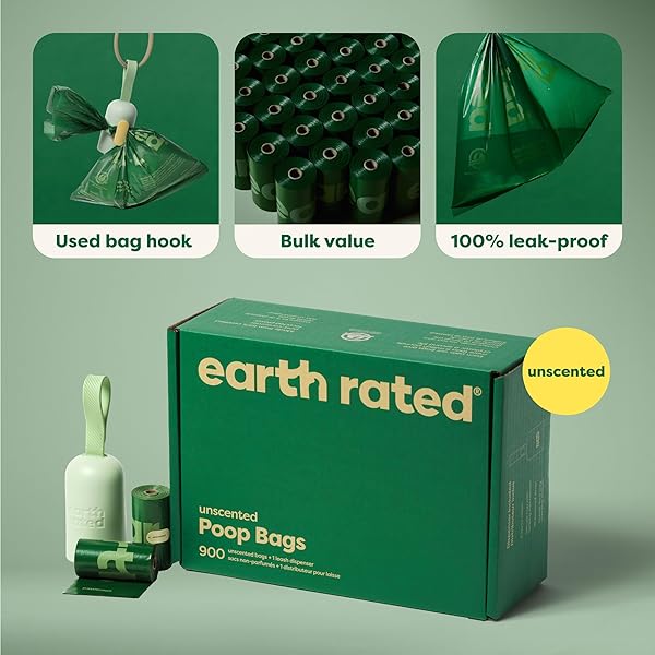 EARTH RATED DOG POOP BAG HOLDER WITH BAGS, DURABLE AND GUARANTEED LEAKPROOF, LAVENDER SCENTED, 1 DISPENSER AND 900 COUNT