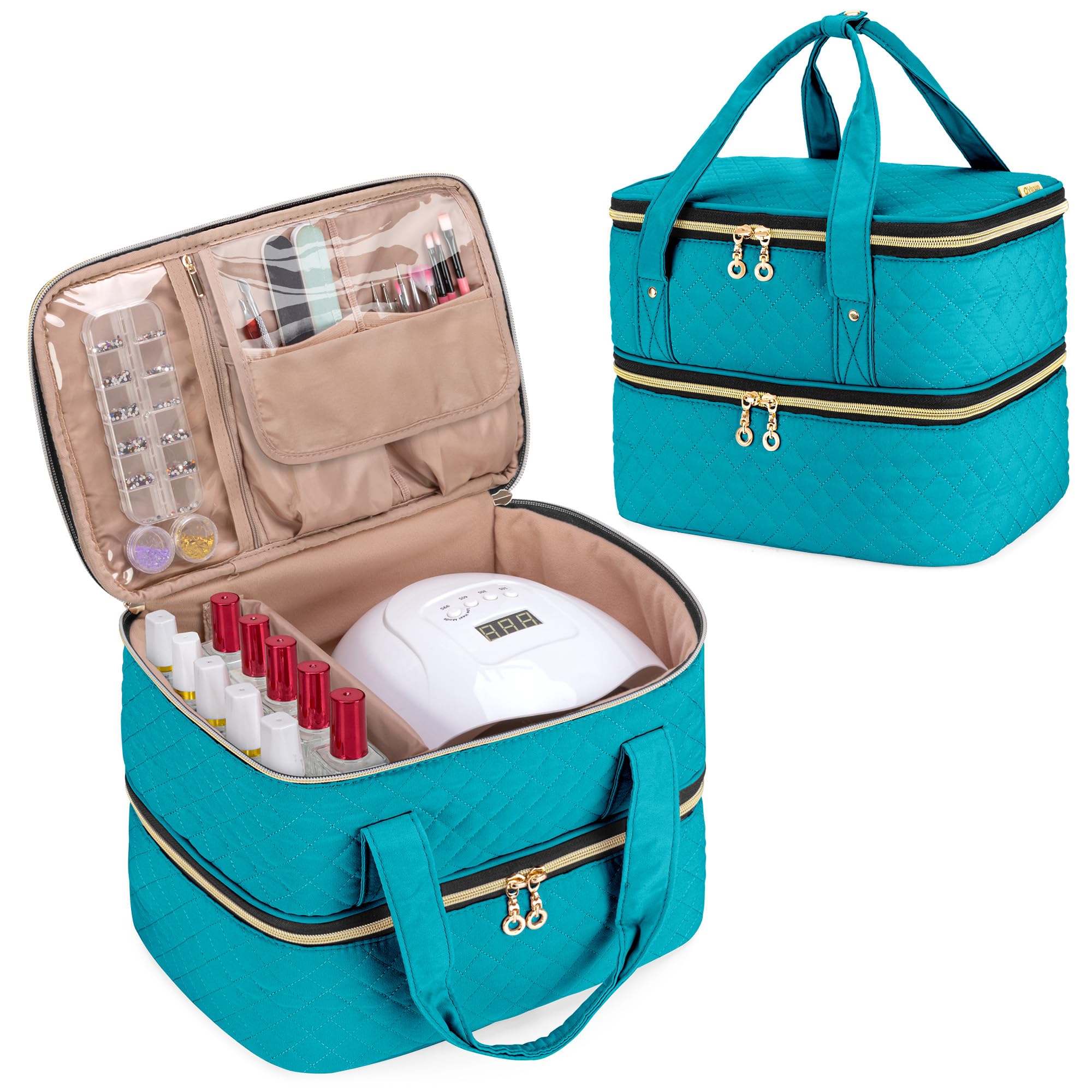 Yarwo Nail Polish Organiser Fits a Nail Lamp and 50 Bottles (15ml/0.5 fl.oz), Double Layers Nail Polish Case with Adjustable Dividers for Nail Art Tools, Teal(Patent Pending)