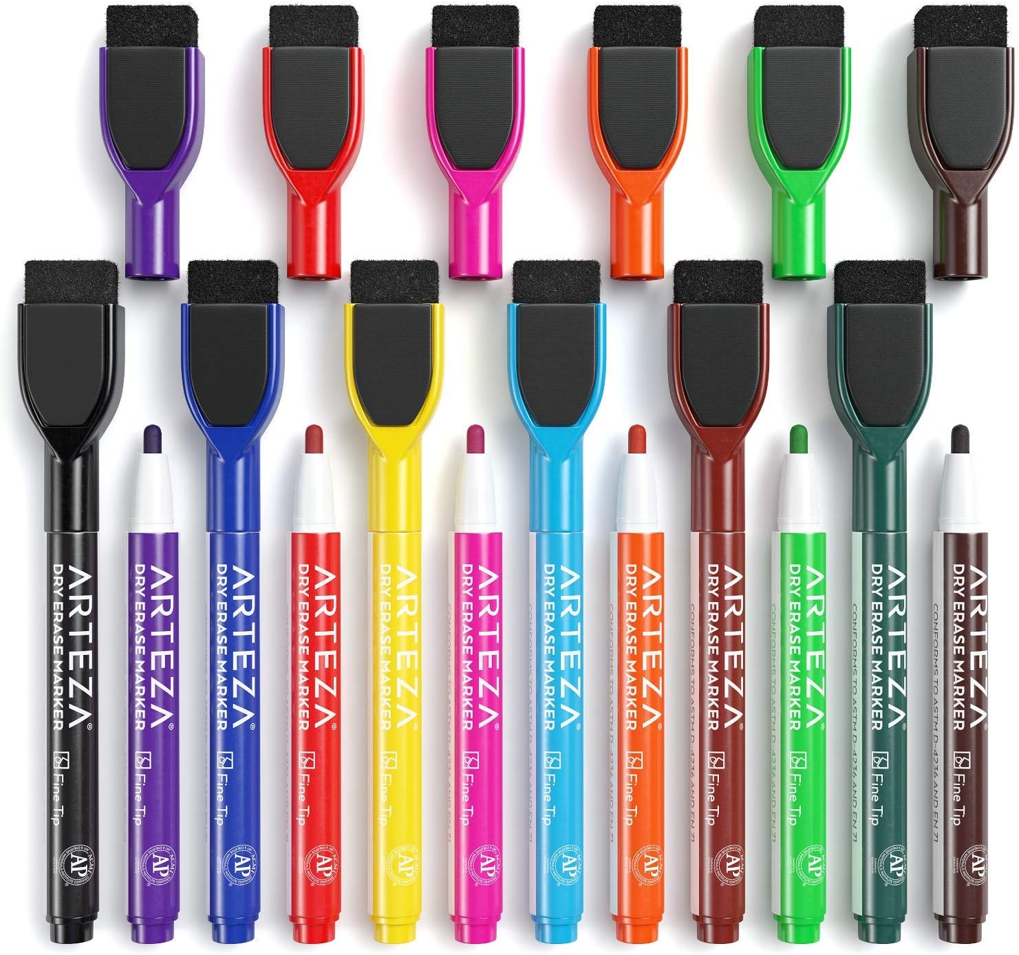 ARTEZA Magnetic Dry Erase Markers with Eraser, Pack of 24 (with Fine Tip), 12 Assorted Colors with Low-Odor Ink, Whiteboard Pens is perfect for School, Office, or Home : Office Products