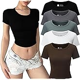 FMNNNN 5 Pack T Shirts for Women Crew Neck Short Sleeve Crop Tops Casual Basic Fitted Stretchy Tops Fashion Clothes