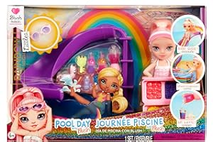 Rainbow High Littles Pool Day Playset + Small Doll (Pink 5.5”), Pool with Rainbow Slide, Accessories, Smoothie Stand, Kids Gift Ages 4+