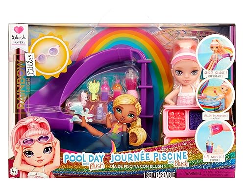 Rainbow High Littles Pool Day Playset + Small Doll (Pink 5.5”), Pool with Rainbow Slide, Accessories, Smoothie Stand, Kids Gift Ages 4+
