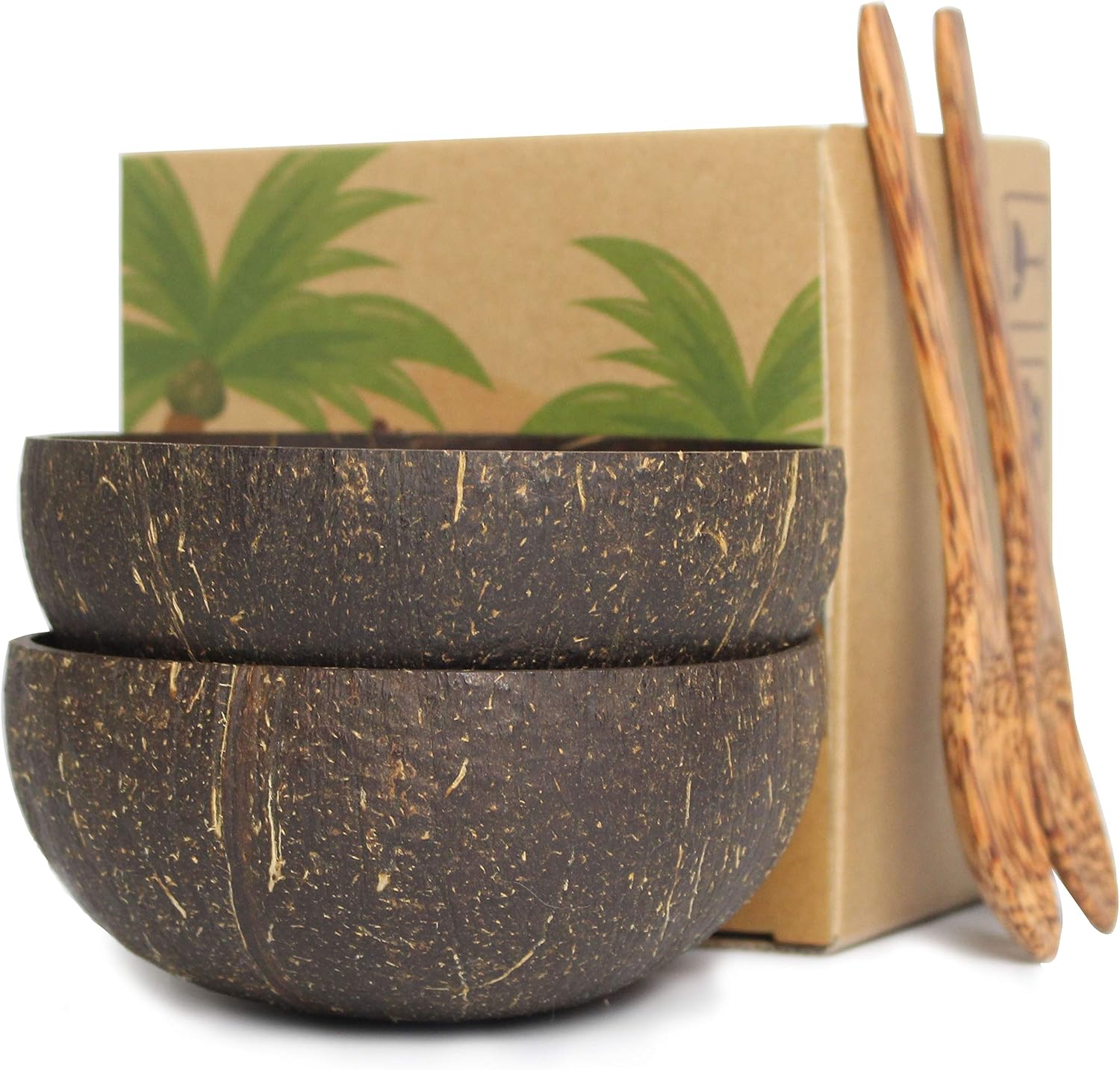 Handcrafted coconut bowls and spoons for acai bowls, buddha bowls, and desserts or cereal.