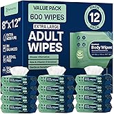 Adult Wipes Extra Large - Shower Body Wipes for Adults 8" x 12" (600 count) + 12 Travel Packs | Adult Wipes for Elderly, Bathing No Rinse, Vitamin E and Aloe, 12 Packs of 50 (Packaging May Vary)