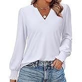Uhiger Womens Tunic Tops Long Sleeve Blouses for Women Dressy Casual V Neck Tops Shirts Trendy with Smocked Cuffs