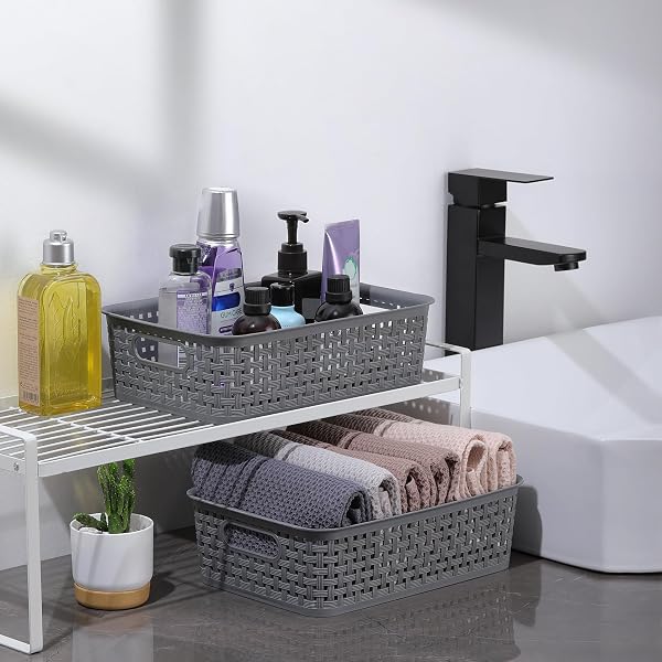 NETANY PLASTIC STORAGE BASKETS – 8 PACK, GRAY, DURABLE, EASY TO USE, FLEXIBLE, MULTI-PURPOSE, IDEAL FOR CLOSETS, CABINETS, SHELVES, COUNTERTOPS