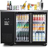 BODEGACOOLER Commercial Back Bar Cooler with 2 Glass Doors,12 Cu.Ft Stainless Steel Commercial Counter Height Bar Refrigerator,Display Drink Beverage Beer Fridge LED Lighting,SUS304 Top,4 Casters