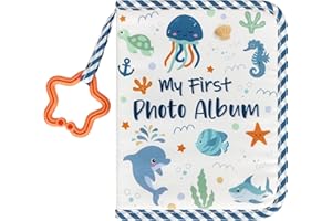 HARVMAX Baby's First Family Album - Soft Cloth Photo Book Gift Set with Baby-Safe Mirror | 5.5x7 Inch Holds 17 Photos Fabric Memory Book for Newborns, Toddlers, Baby Showers