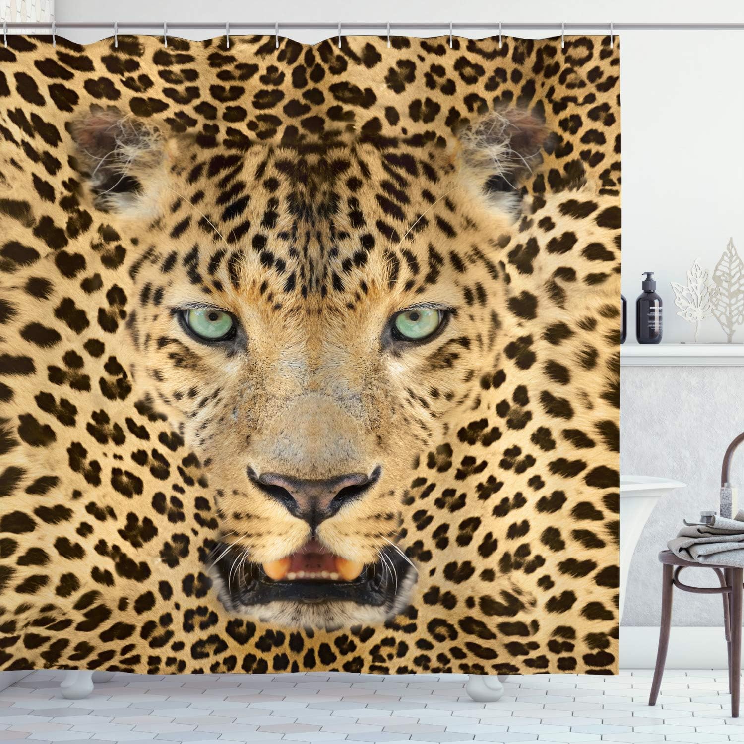 Amazon Com Ambesonne Leopard Shower Curtain Predator Animal With Spotty Skin And Angry Expression Wild Fauna Cloth Fabric Bathroom Decor Set With Hooks 70 Long Yellow Brown Home Kitchen