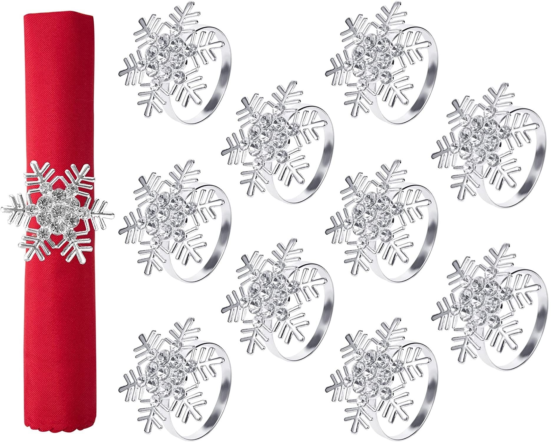 KAHEIGN 10Pcs Christmas Napkin Rings, Silver Snowflake Napkin Holders Xmas Napkin Buckle with Rhinestone for Christmas Lunch Thanksgiving Party Holiday Wedding Table Decoration (4.5cm x 4.5cm)
