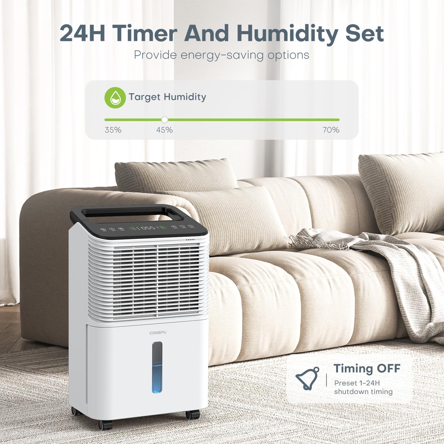 CONOPUPlus Luftentfeuchter 16L/Tag, Ultra-leiser Luftentfeuchter Elektrisch, Intelligentes Zentralsteuerungs, AUTO Modus, Feuchtigkeitsanzeige Licht, 24H Timer, Raumentfeuchter, Mehr Effizient 3