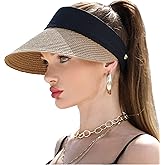 Women Wide Brim Straw Visor Sun Hat UV Protection Packable Beach Cap for Summer UPF 50+
