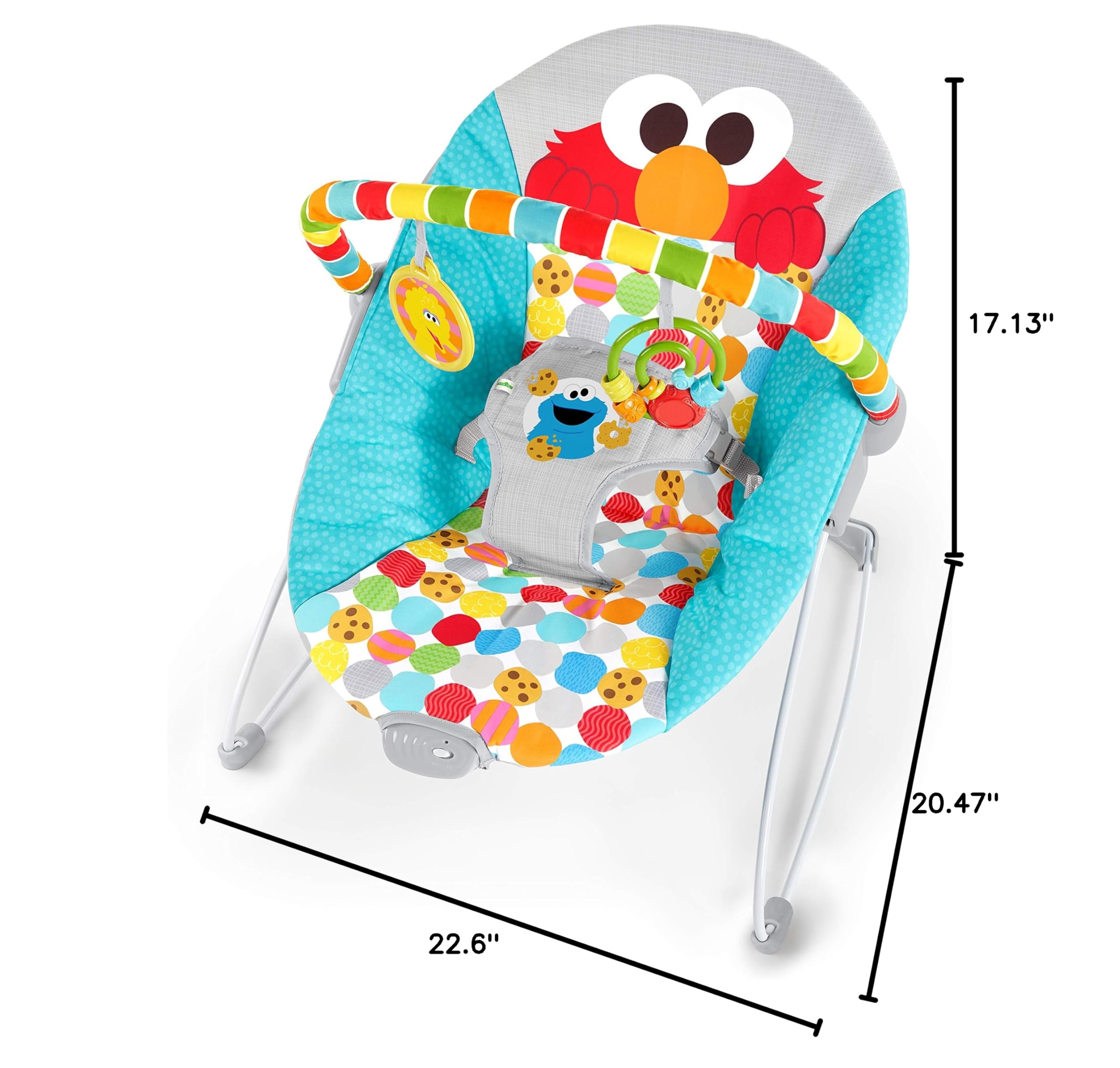 Bright Starts Sesame Street Baby Bouncer Soothing Vibrations Infant Seat - I Spot Elmo! with Cookie Monster and Big Bird - Removable-Toy Bar, 0-6 Months Up to 20 lbs