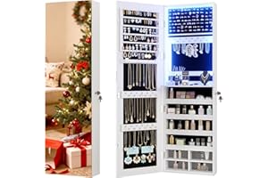 Vlsrka 47.2" LED Jewelry Mirror Cabinet, Wall/Door Mounted Jewelry Armoire Organizer with Full Length Mirror, Large Storage Hanging Cabinet, 4 Drawers, 5 Shelves, Built-in Lighted Mirror (White)
