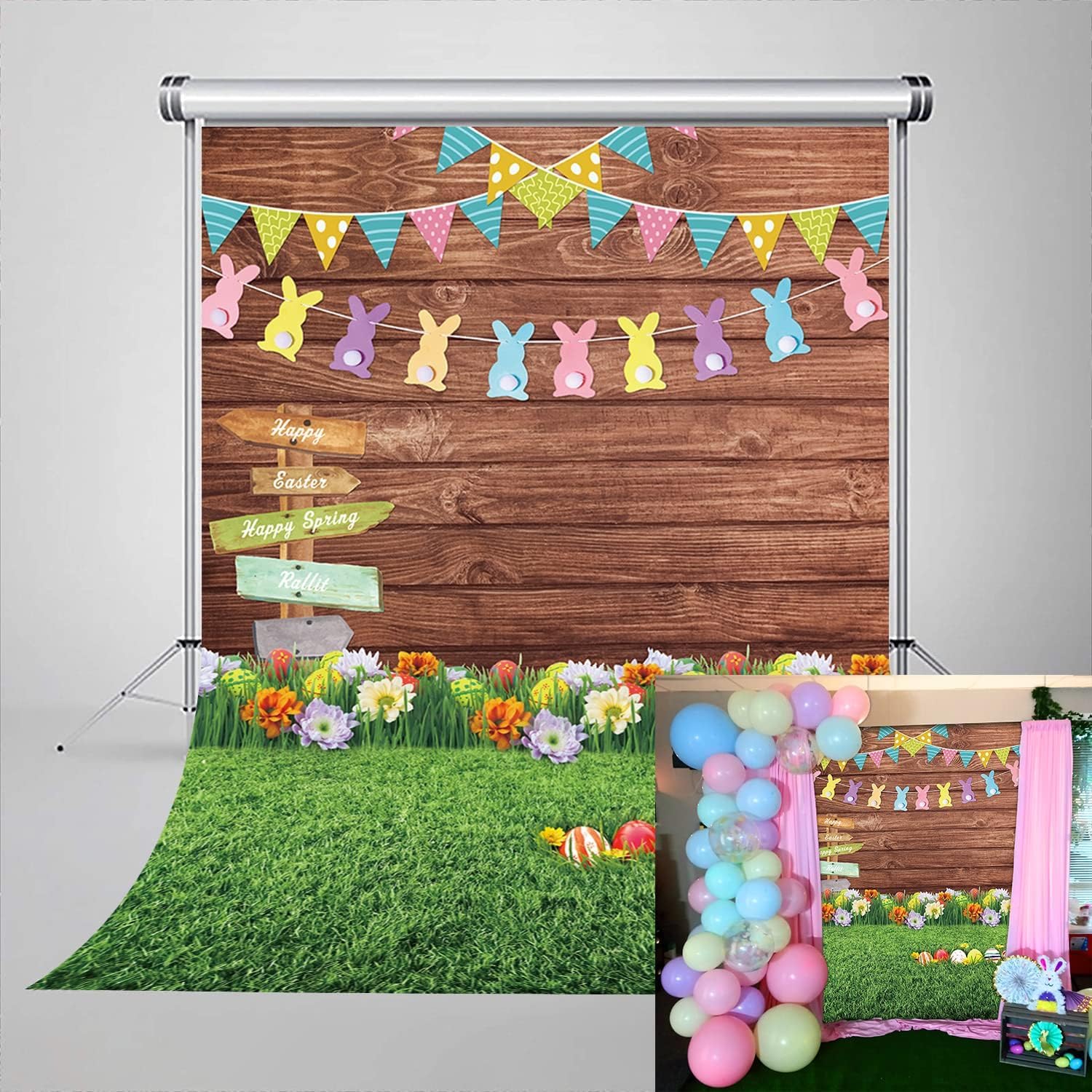 Spring Easter Decoration Backdrop Eggs Signpost Wooden Wall Flowers and Grass Photo Background Newborn Party Photography Banner Studio Props (5x7FT)