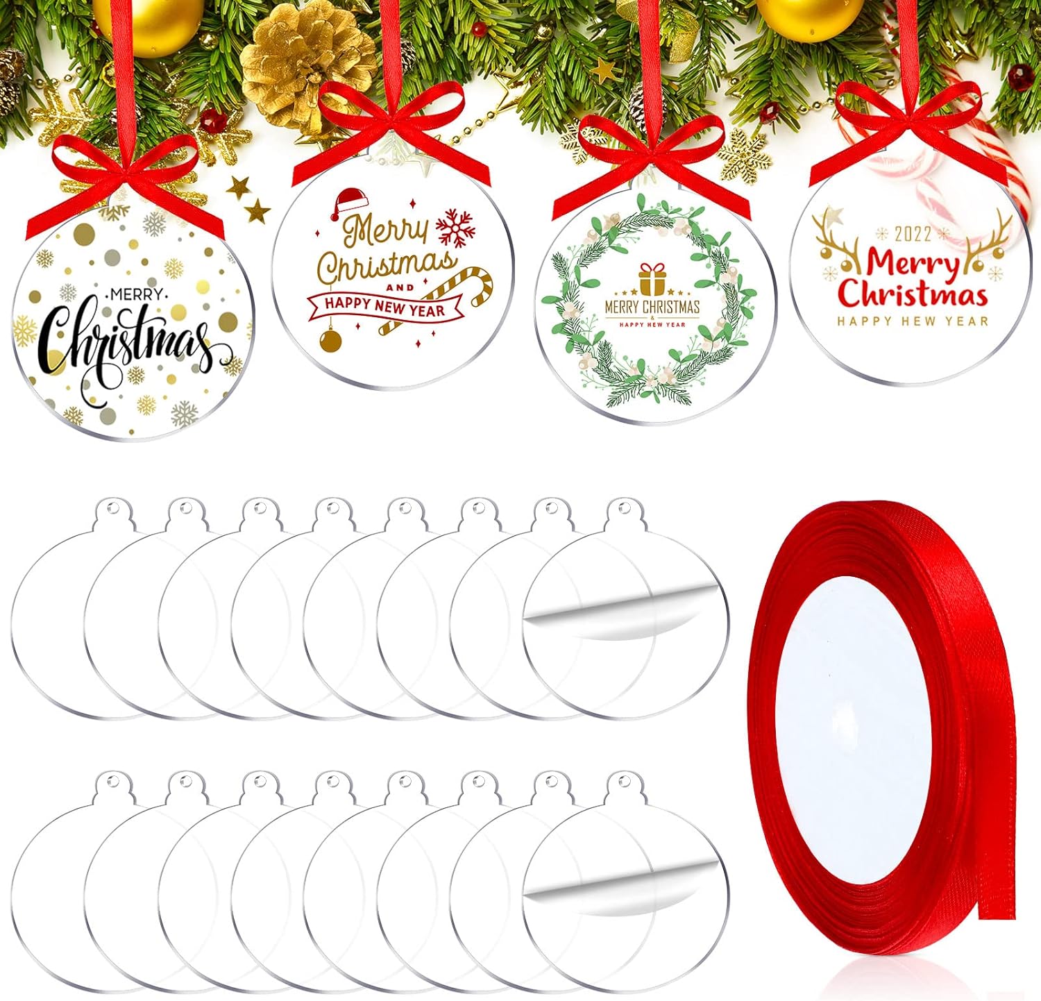 Ornaments - 42 Pieces Round Acrylic Christmas Ornament with Red Ribbon DIY Blank Round Acrylic Ornament Transparent Circle Discs for Christmas Bauble Tree Decoration Tag Craft (Cute Style, 5 Inches)