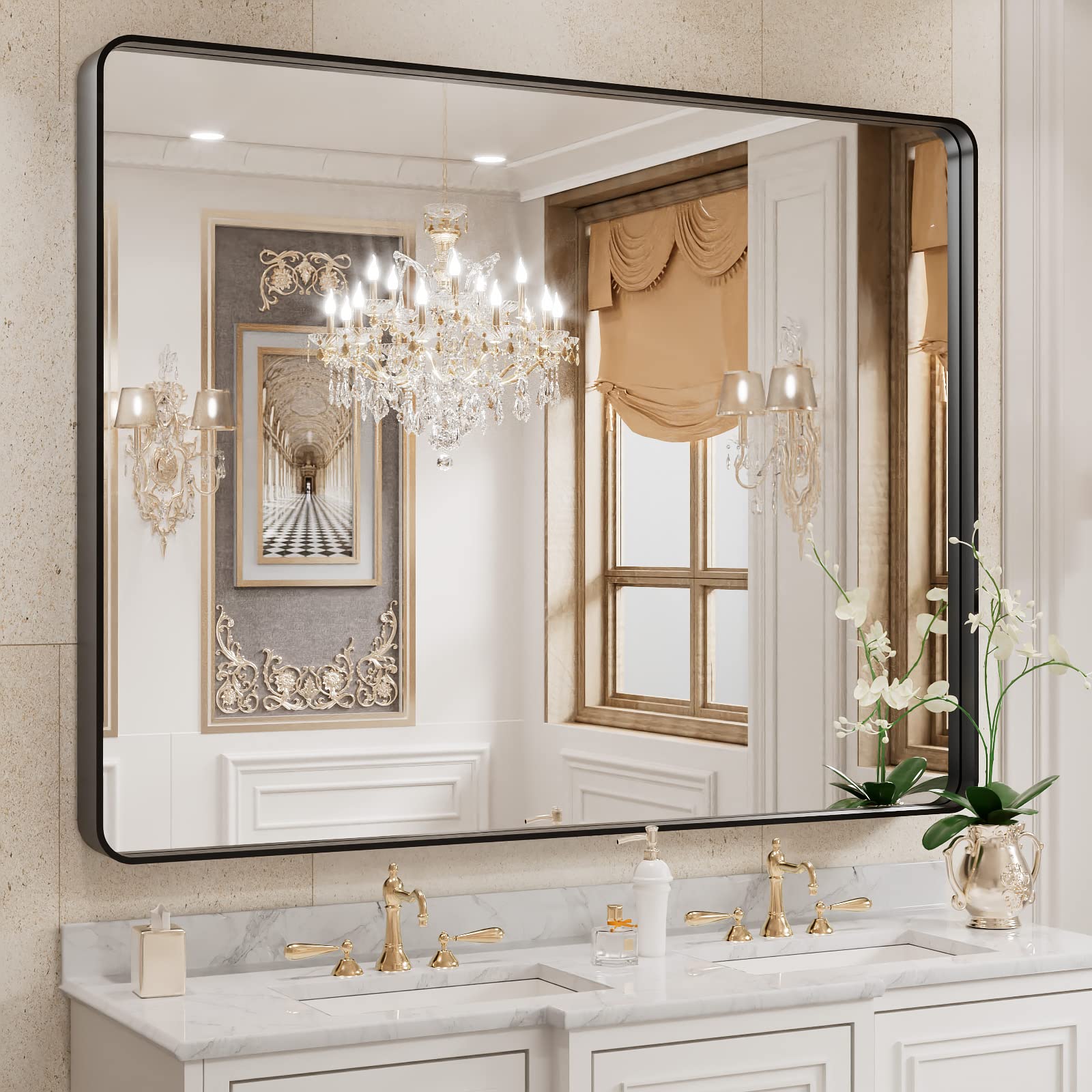 WEER Black Bathroom Mirror for Wall 40X30 Inch, Rectangular Black Metal Framed Vanity Mirror, Farmhouse Bathroom Mirror with Tempered Glass, Rounded Corner, Anti-Rust (Horizontal/Vertical) Image WEER Black Bathroom Mirror for Wall 40X30 Inch, Rectangular Black Metal Framed Vanity Mirror, Farmhouse Bathroom Mirror with Tempered Glass, Rounded Corner, Anti-Rust (Horizontal/Vertical) Image