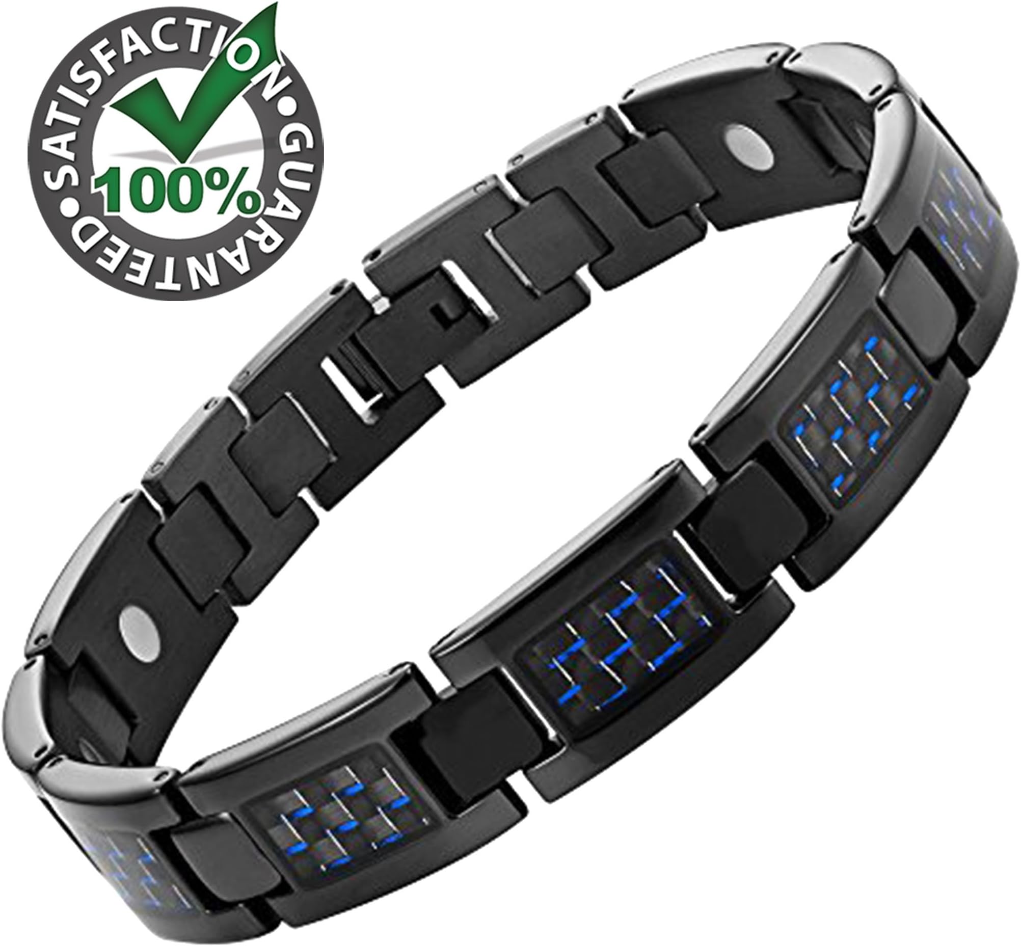 Super Light Blue Carbon Fibre Titanium Germanium Magnetic Health Therapy Bracelet in Elegant Box and Link Removal Tool Included Black