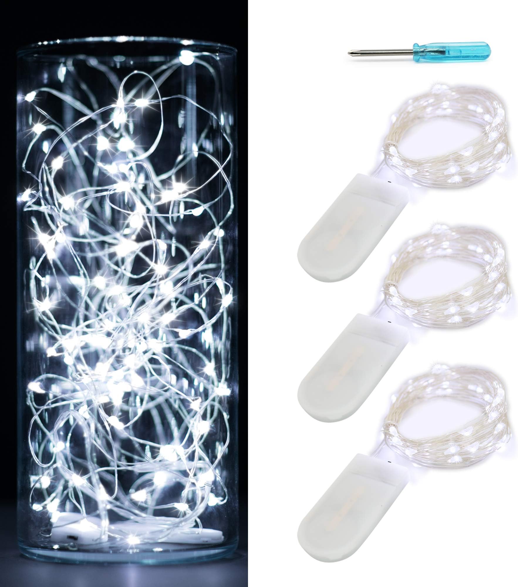 Pack of 3 Sets 10ft(3m) LED Starry String Lights 30 Micro Starry Leds on Silver Wire, 2pcs CR2032 Batteries Required and Included,Works for DIY Wedding Centerpiece or Table Decorations (3,Cool White)