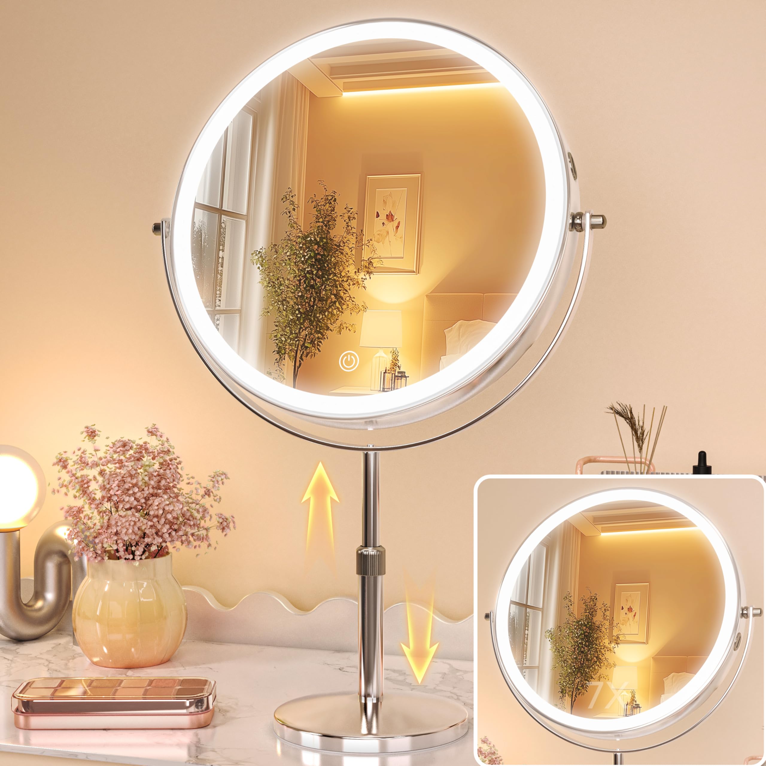 Photo 1 of Hasipu 10" Lighted Makeup Mirror with 7X Magnification, Rechargeable Vanity Mirror with Lights, 3 Color Modes, Adjustable Height & 360° Rotation