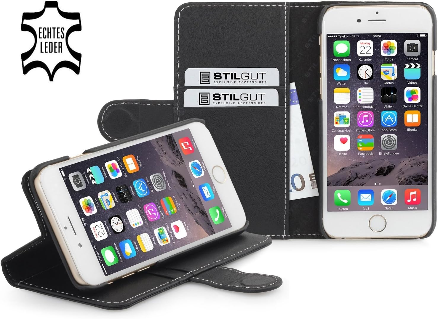 StilGut Wallet Type Leather Case Compatible with iPhone 6Plus/6s Plus 5.5", Black Nappa