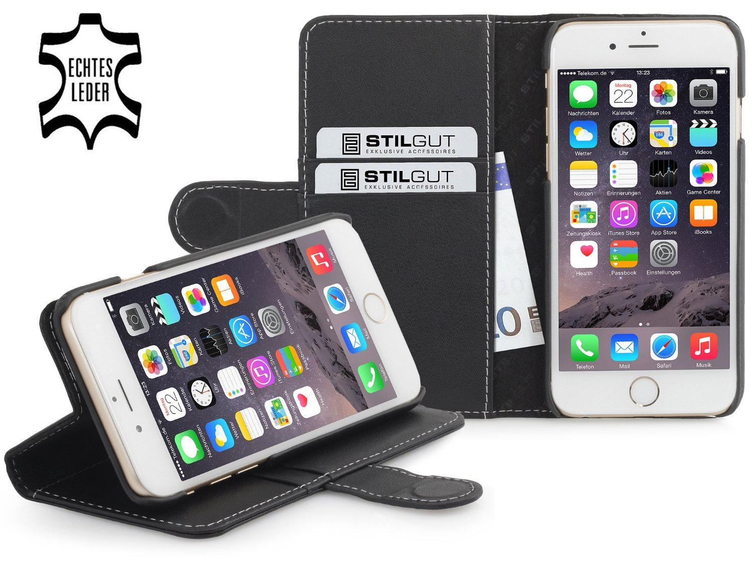 StilGut Wallet Type Leather Case Compatible with iPhone 6Plus/6s Plus 5.5", Black Nappa