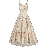 Long Floral Embroidery Dress for Women Flower Embroidered Maxi Dress Spaghetti Straps Formal Evening Party Tulle Prom Dress