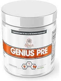 Genius Pre Workout Powder &ndash; All Natural Nootropic Preworkout & Caffeine Free Nitric Oxide Booster w/Beta Alanine & Alpha GPC | Boost Focus, Energy & NO | Muscle Builder Supplement &ndash;Green Apple &ndash; 20SV