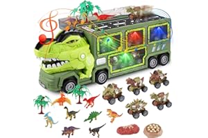 KSSVZZ 21 in 1 Dinosaur Truck Toys for 3 4 5 6 7 Year Old Boys Girls - T-Rex Transport Car Carrier Truck with 5 Pull Back Dinosaur Cars and 9 Dino Figures, Kids Birthday Christmas Toy Gift w/Light & Music