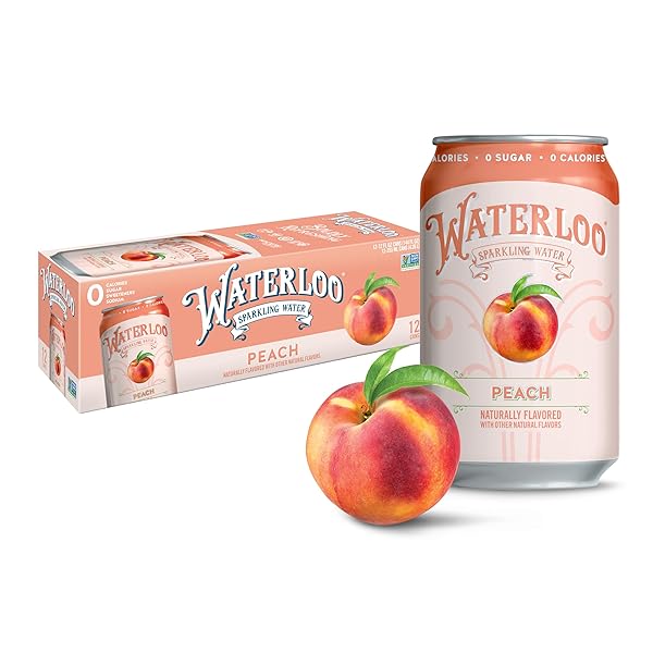 WATERLOO SPARKLING WATER, PEACH NATURALLY FLAVORED, 12 FL OZ CANS (PACK OF 12) – ZERO CALORIES AND ZERO SUGAR OR SWEETENERS