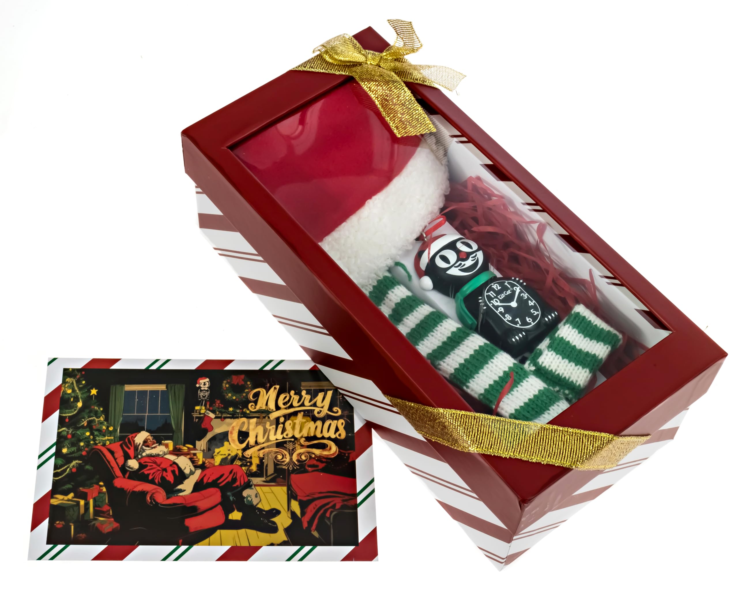 KIT CAT Klock Kit-Cat Clock Gift Package, dress up a in Christmas Hat and Scarf for the festive period
