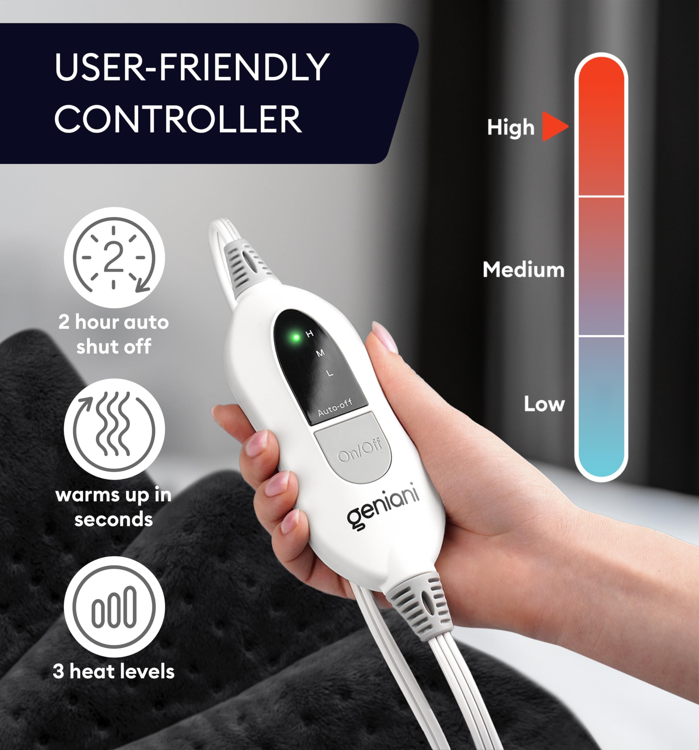 GENIANI Electric Throw - XL Electric Heating Pad for Back Pain & Cramps Relief, Birthday for Women Men Auto Shut Off, Machine Washable, Heat Pad for Neck & Shoulder (12'‘×24
