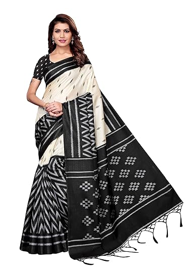 Womens Kalamkari Silk Printed Saree Border Tassels With Blouse Piece